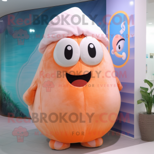 Peach Oyster mascot costume character dressed with a Tank Top and Beanies
