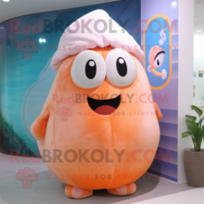 Peach Oyster mascot costume character dressed with a Tank Top and Beanies