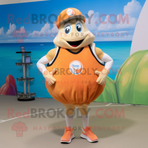 Peach Oyster mascot costume character dressed with a Tank Top and Beanies
