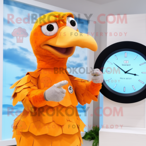 Orange Dodo Bird mascot costume character dressed with a Midi Dress and Digital watches