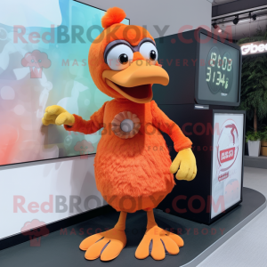 Orange Dodo Bird mascot costume character dressed with a Midi Dress and Digital watches