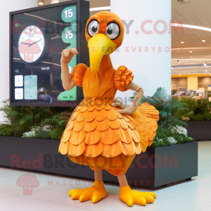 Orange Dodo Bird mascot costume character dressed with a Midi Dress and Digital watches