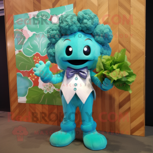 Turquoise Cauliflower mascot costume character dressed with a Graphic Tee and Bow ties
