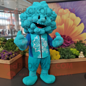 Turquoise Cauliflower mascot costume character dressed with a Graphic Tee and Bow ties