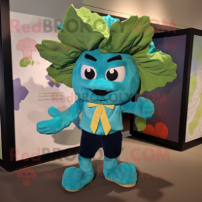 Turquoise Cauliflower mascot costume character dressed with a Graphic Tee and Bow ties