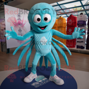 Teal Spider mascot costume character dressed with a Running Shorts and Clutch bags