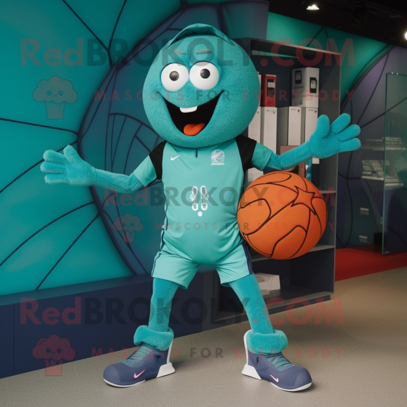 Teal Spider mascot costume character dressed with a Running Shorts and Clutch bags Teal Spider mascot costume character dressed with a Running Shorts and Clutch bags