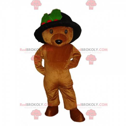 Mascotte de nounours marron avec un joli chapeau, costume