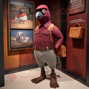 Maroon Passenger Pigeon mascot costume character dressed with a Cargo Shorts and Mittens