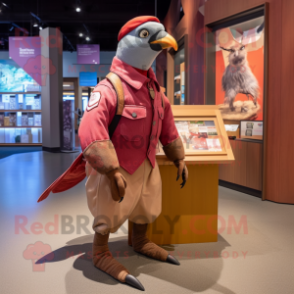 Maroon Passenger Pigeon mascot costume character dressed with a Cargo Shorts and Mittens