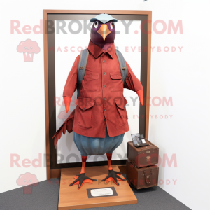Maroon Passenger Pigeon mascot costume character dressed with a Cargo Shorts and Mittens