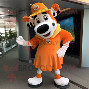 Orange Holstein Cow mascot costume character dressed with a Midi Dress and Hats