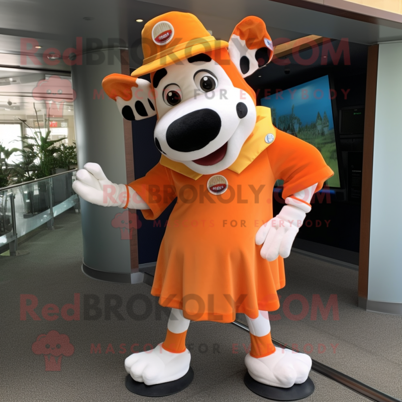 Orange Holstein Cow mascot costume character dressed with a Midi Dress and Hats