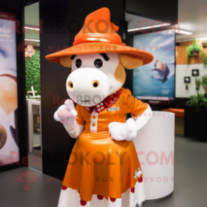 Orange Holstein Cow mascot costume character dressed with a Midi Dress and Hats