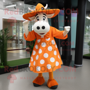 Orange Holstein Cow mascot costume character dressed with a Midi Dress and Hats