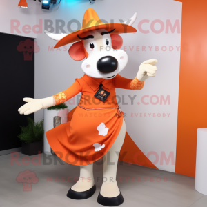 Orange Holstein Cow mascot costume character dressed with a Midi Dress and Hats