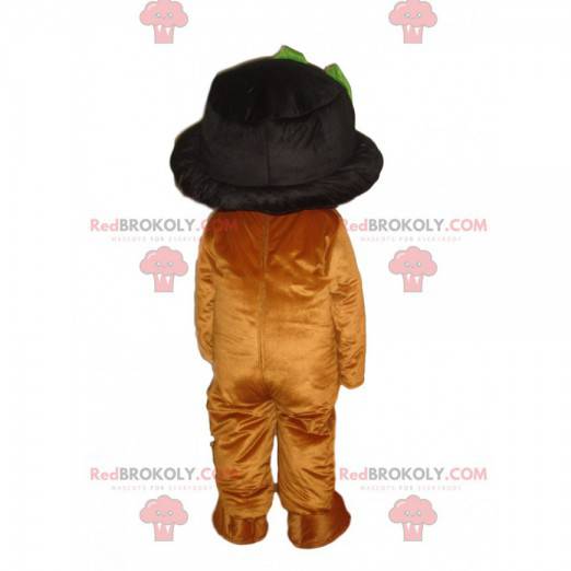 Mascotte de nounours marron avec un joli chapeau, costume