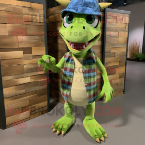 Lime Green Dimorphodon mascot costume character dressed with a Flannel Shirt and Headbands