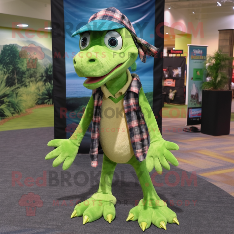 Lime Green Dimorphodon mascot costume character dressed with a Flannel Shirt and Headbands