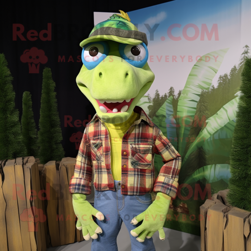 Lime Green Dimorphodon mascot costume character dressed with a Flannel Shirt and Headbands