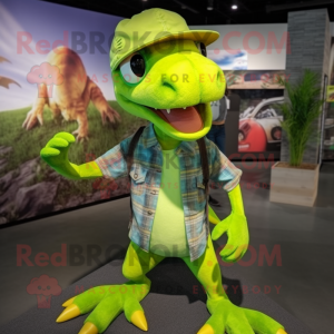 Lime Green Dimorphodon mascot costume character dressed with a Flannel Shirt and Headbands