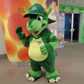 Forest Green Triceratops mascot costume character dressed with a Bermuda Shorts and Beanies