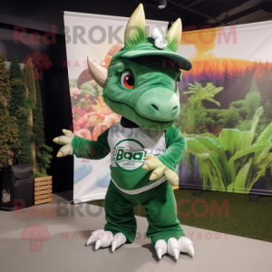 Forest Green Triceratops mascot costume character dressed with a Bermuda Shorts and Beanies