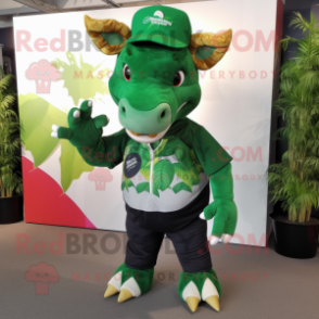 Forest Green Triceratops mascot costume character dressed with a Bermuda Shorts and Beanies