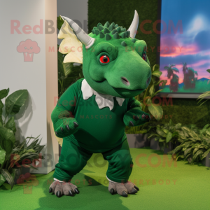 Forest Green Triceratops mascot costume character dressed with a Bermuda Shorts and Beanies