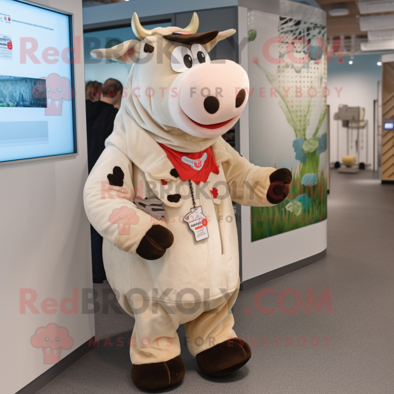 Beige Holstein Cow mascot costume character dressed with a Parka and Keychains