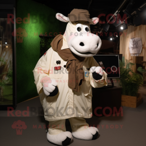 Beige Holstein Cow mascot costume character dressed with a Parka and Keychains