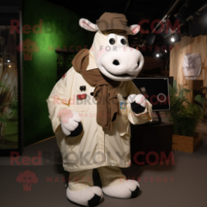 Beige Holstein Cow mascot costume character dressed with a Parka and Keychains