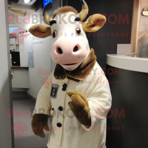 Beige Holstein Cow mascot costume character dressed with a Parka and Keychains