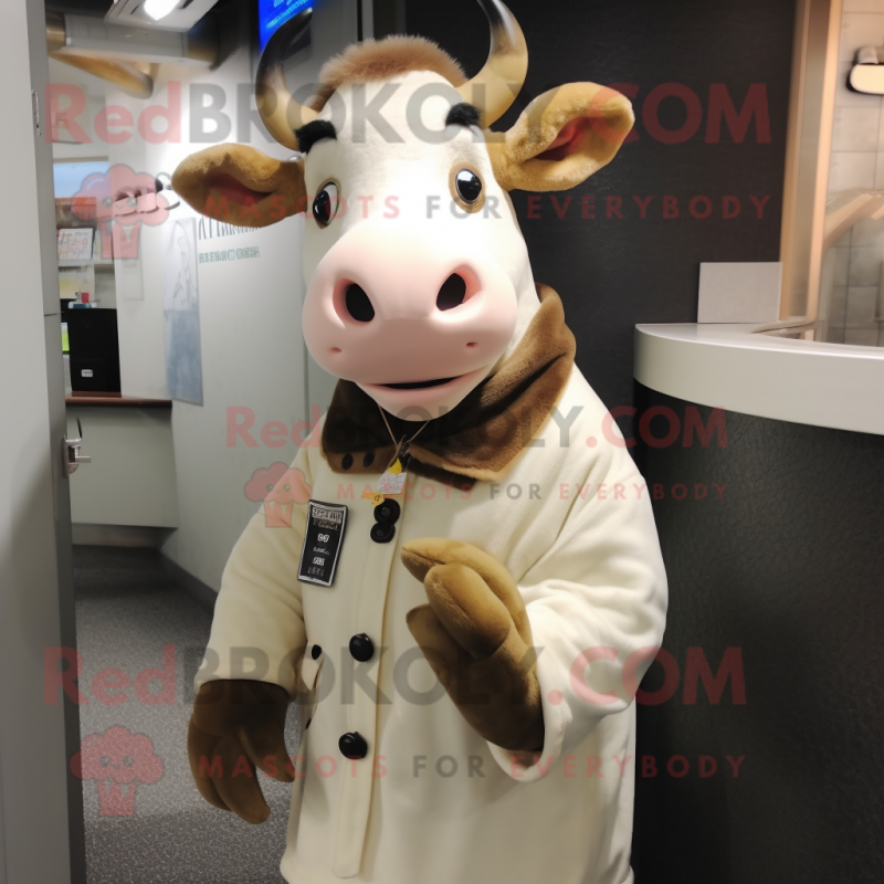 Beige Holstein Cow mascot costume character dressed with a Parka and Keychains Beige Holstein Cow mascot costume character dressed with a Parka and Keychains