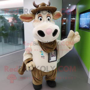 Beige Holstein Cow mascot costume character dressed with a Parka and Keychains