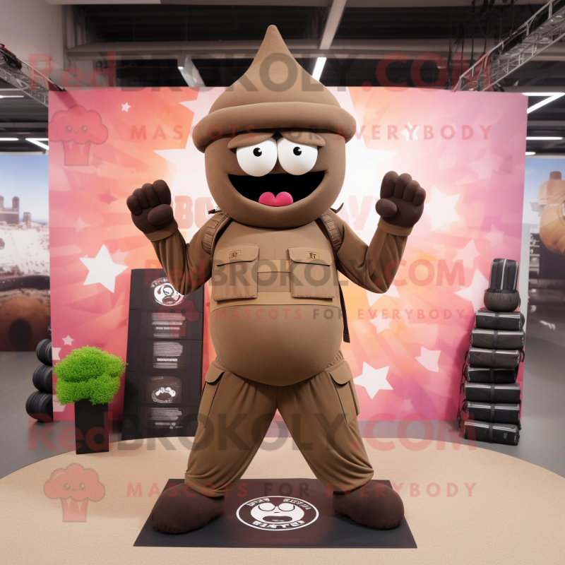 Brown Army Soldier mascot costume character dressed with a Yoga Pants and Handbags Brown Army Soldier mascot costume character dressed with a Yoga Pants and Handbags