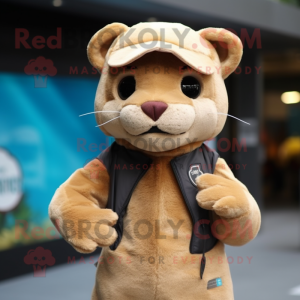 Beige Jaguarundi mascot costume character dressed with a Hoodie and Berets