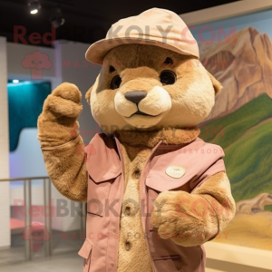 Beige Jaguarundi mascot costume character dressed with a Hoodie and Berets