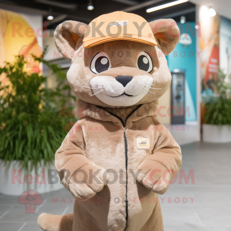 Beige Jaguarundi mascot costume character dressed with a Hoodie and Berets