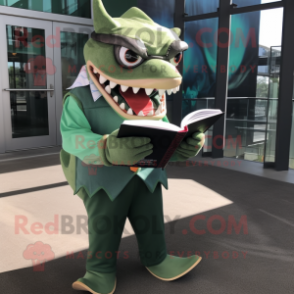 Green Megalodon mascot costume character dressed with a Dress Shirt and Reading glasses