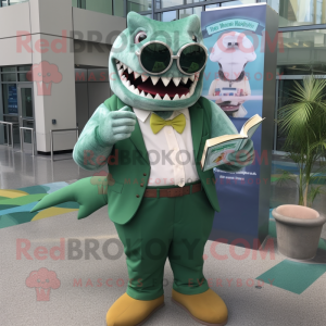 Green Megalodon mascot costume character dressed with a Dress Shirt and Reading glasses