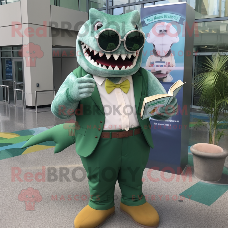 Green Megalodon mascot costume character dressed with a Dress Shirt and Reading glasses