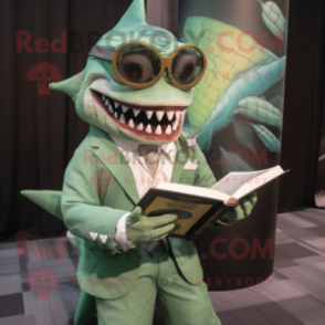 Green Megalodon mascot costume character dressed with a Dress Shirt and Reading glasses