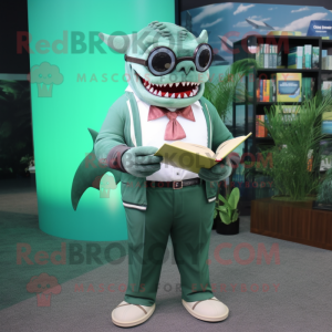 Green Megalodon mascot costume character dressed with a Dress Shirt and Reading glasses