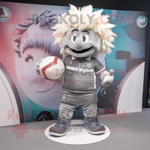 Gray Rugby Ball mascot costume character dressed with a Windbreaker and Hairpins