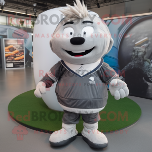 Gray Rugby Ball mascot costume character dressed with a Windbreaker and Hairpins