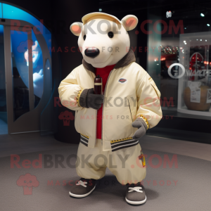 Cream Tapir mascot costume character dressed with a Bomber Jacket and Earrings