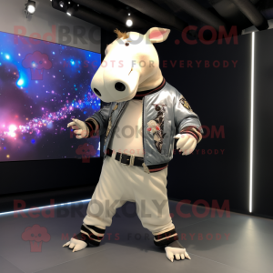 Cream Tapir mascot costume character dressed with a Bomber Jacket and Earrings