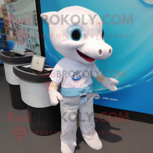 White Dolphin mascot costume character dressed with a Poplin Shirt and Hair clips