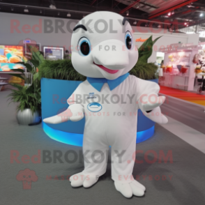 White Dolphin mascot costume character dressed with a Poplin Shirt and Hair clips